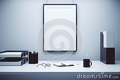 Blank picture frame on a wall and table with glasses, diary and Stock Photo