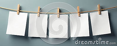 Blank picture frames clipped to a twine line, creating a charming display , rustic, minimalist Stock Photo
