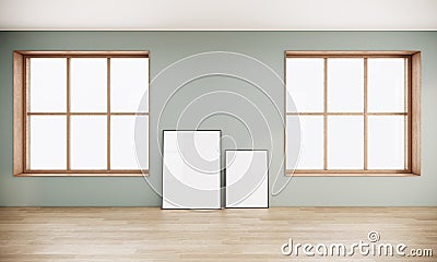 Blank picture frames in Japandi style room interior decorating with wood. large window in the room. Stock Photo