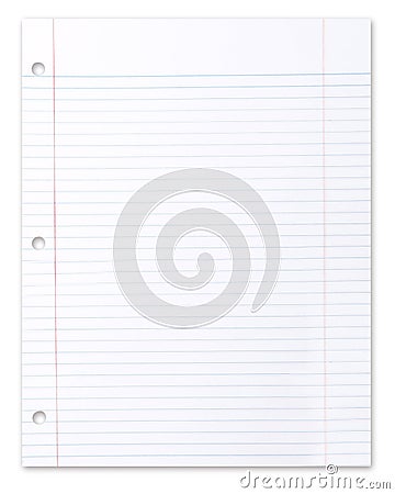 Blank Piece of School Lined Paper on White Stock Photo