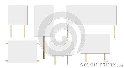 Blank placard. Realistic whiteboard on wooden sticks. 3D vector illustration Vector Illustration