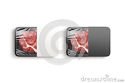 Blank plastic beef tray with black and white label mockup Stock Photo