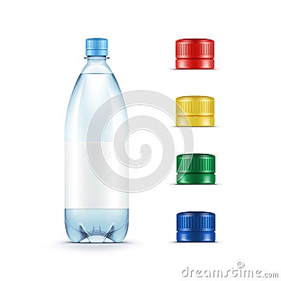 Blank Plastic Blue Water Bottle Multicolored Red Yellow Green Caps Vector Illustration