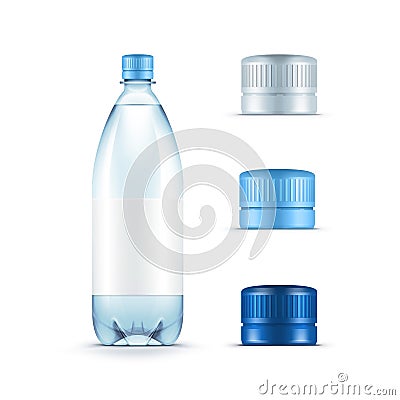 Blank Plastic Blue Water Bottle with Set of Caps Vector Illustration