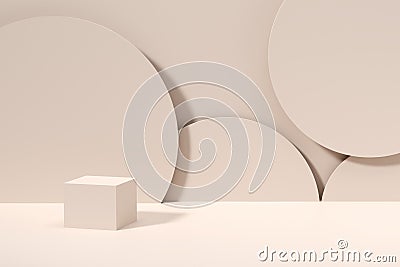 Blank platform, podium or pedestal for product display. Beige cube with round cylindrical objects on the background Stock Photo