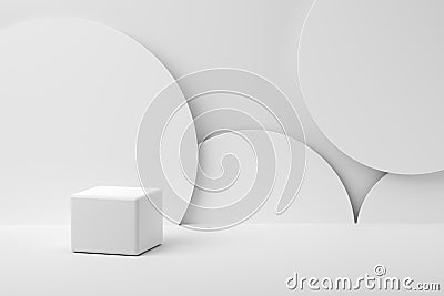 Blank platform, podium or pedestal for product display. White cube with round cylindrical objects on the background Stock Photo