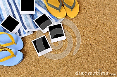 Blank polaroid prints beach background Stock Photo