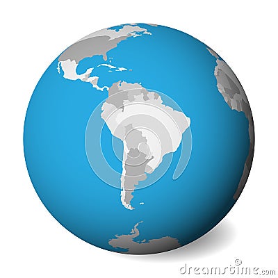 Blank political map of South America. 3D Earth globe with blue water and grey lands. Vector illustration Vector Illustration