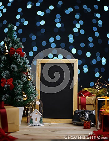 Blank Portrait Blackboard Between Christmas Decoration. Copy Spa Stock Photo