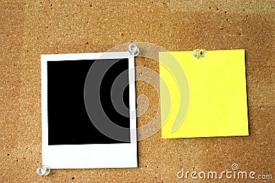 Blank post-it and polaroid Stock Photo