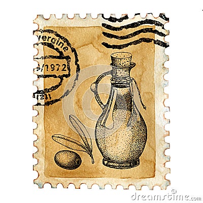 Blank postage stamp, postmark. Container packed with olives. Watercolor hand drawn illustration isolated on white Cartoon Illustration