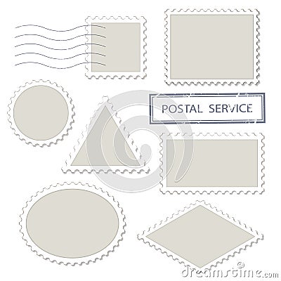 Blank postage stamps different shapes set - triangle, square, round, oval, rhombus. Isolated on white. Stock Photo