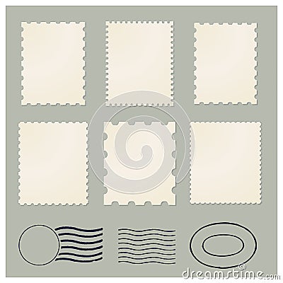 Blank postage vintage yellowed stamps frames vector set Vector Illustration