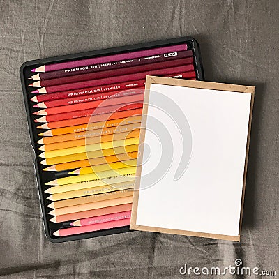 Blank Postcard with Envelope and Colored Pencils Editorial Stock Photo