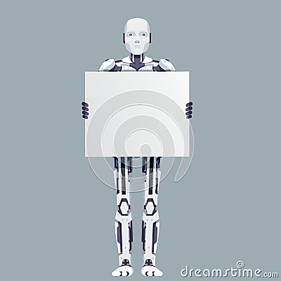 Blank poster in hands robot android technology science fiction future 3d design vector illustration Vector Illustration