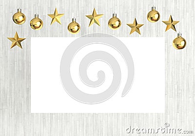 Blank poster with hanging golden balls and stars ornaments on white wooden background Stock Photo