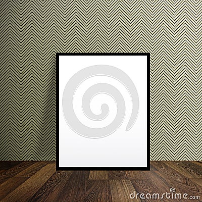 Blank poster stand on a wooden floor over modern wallpaper with Stock Photo