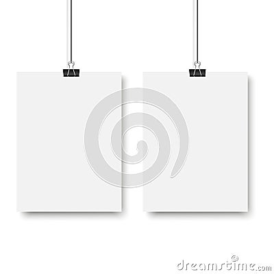 Blank posters hanging on a binder clips. White paper sheet hangs on a rope with clips. Vector Vector Illustration