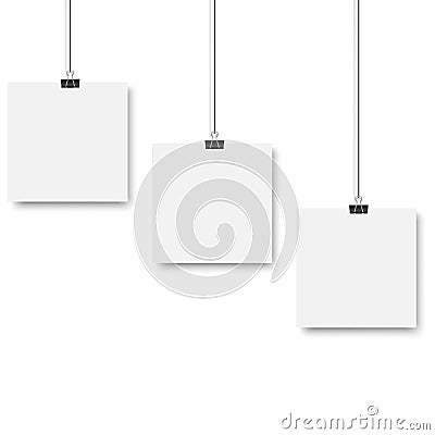 Blank posters hanging on a binder clips. White paper sheet hangs on a rope with clips. Vector Vector Illustration