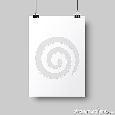 Blank posters hanging with shadows. White hanging white paper on binders. A4 paper page, mockup, sheet on wall - vector Vector Illustration