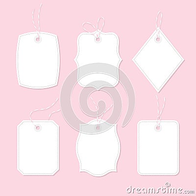 Blank price tags and gift cards tied up with twine bows and ribbons set. Paper labels of different shapes Vector Illustration