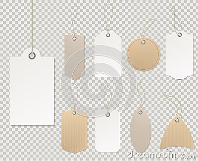 Blank price tags. Paper tag template, blank labels gift card decorative sticker rope empty cardboard shop gift discount Vector Illustration