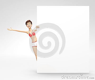 Blank Product Billboard and Banner Mockup Announced by Smiling and Happy Jenny - 3D Cartoon Female Character Stock Photo