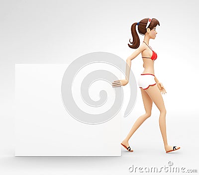 Blank Product Billboard and Banner Mockup Presented by Serious Jenny - 3D Cartoon Female Character in Swimsuit Bikini Stock Photo