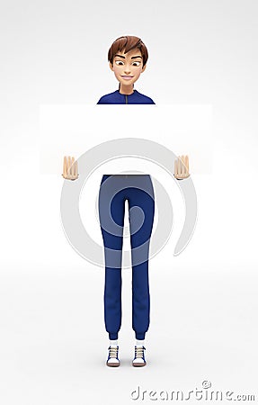 Blank Product Poster and Banner Mockup Held by Smiling and Happy Jenny - 3D Cartoon Female Character in Sports Suit Stock Photo