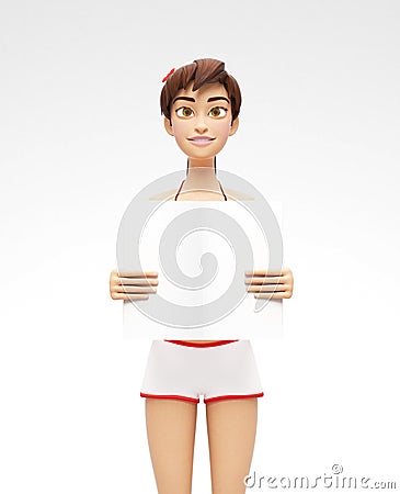 Blank Product Poster and Banner Mockup Held by Smiling and Happy Jenny - 3D Cartoon Female Character in Swimsuit Bikini Stock Photo