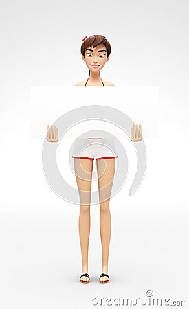 Blank Product Poster and Banner Mockup Held by Smiling and Happy Jenny - 3D Cartoon Female Character in Swimsuit Bikini Stock Photo