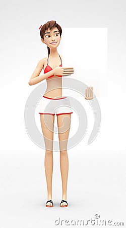 Blank Product Poster and Banner Mockup Held by Smiling And Happy Jenny - 3D Cartoon Female Character in Swimsuit Bikini Stock Photo