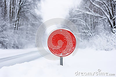 A blank road traffic sign warning of winter driving conditions on a road Stock Photo