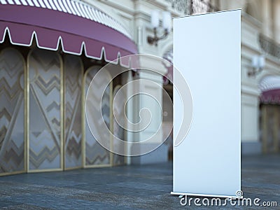 Blank roll up banner near old building. 3d rendering Stock Photo