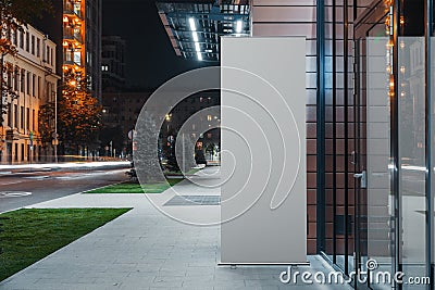 Blank roll up next to modern business or commercial center, 3d rendering. Stock Photo