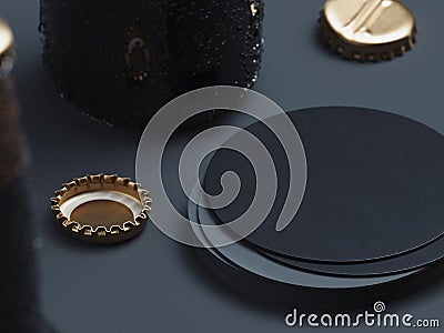 Blank round black beer coaster stack mock up and beer caps on black background. 3d rendering Stock Photo