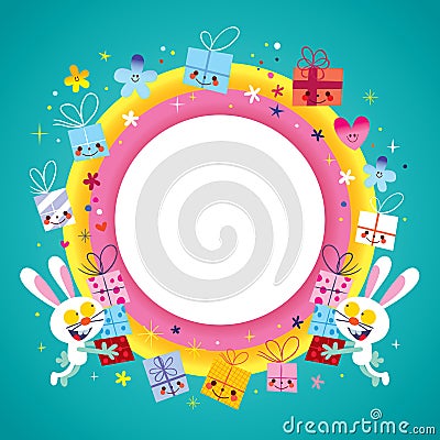 Blank round frame border with gift boxes and bunnies Vector Illustration