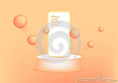 Blank screen smartphone on podium for product presentation or showcase on orange background. Vector Illustration