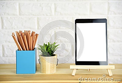 Blank screen tablet,Pencil and pen Stock Photo