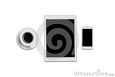 Blank screen tablet, smart phone and cup of coffee isolated over white background. Top view of modern gadgets lying on flat surfac Stock Photo