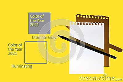 A blank sheet of Notepad, black pencil and hard shadows on bright yellow background Editorial Stock Photo