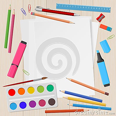 Blank sheets of paper with school supplies Vector Illustration
