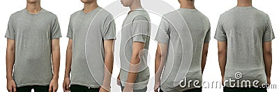 Blank shirt mock up template, front, side and back view, Asian teenage male model wearing plain heather grey t-shirt isolated on Stock Photo