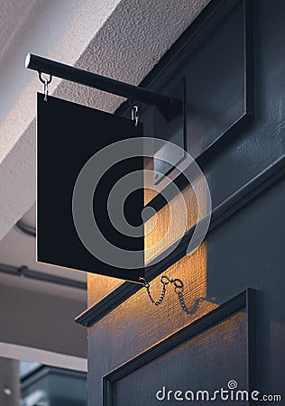 Mock up Shop sign hanging Black signboard Business brand Stock Photo