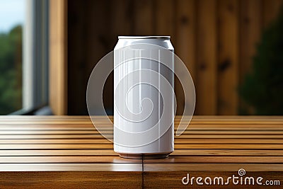 Blank Silver Soda Can Mockup on Wooden Kitchen Table. Stock Photo