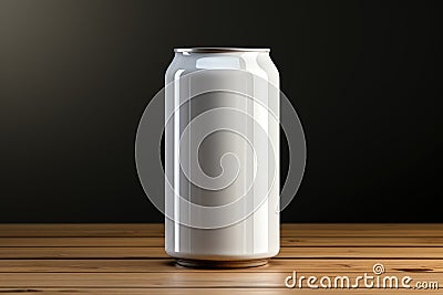 Blank Silver Soda Can Mockup on Wooden Kitchen Table. Stock Photo