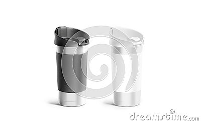 Blank silver travel mug black and white sleeve mockup set Stock Photo