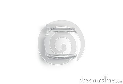 Blank small glass jar with white label mockup lying, isolated Stock Photo