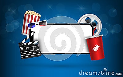 Blank smartphone with popcorn, film strip, clapperboard on blue background, online streaming movie concept, vector Vector Illustration
