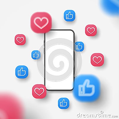 Blank smartphone, Social media network post reaction background. 3d style vector illustration. Vector Illustration